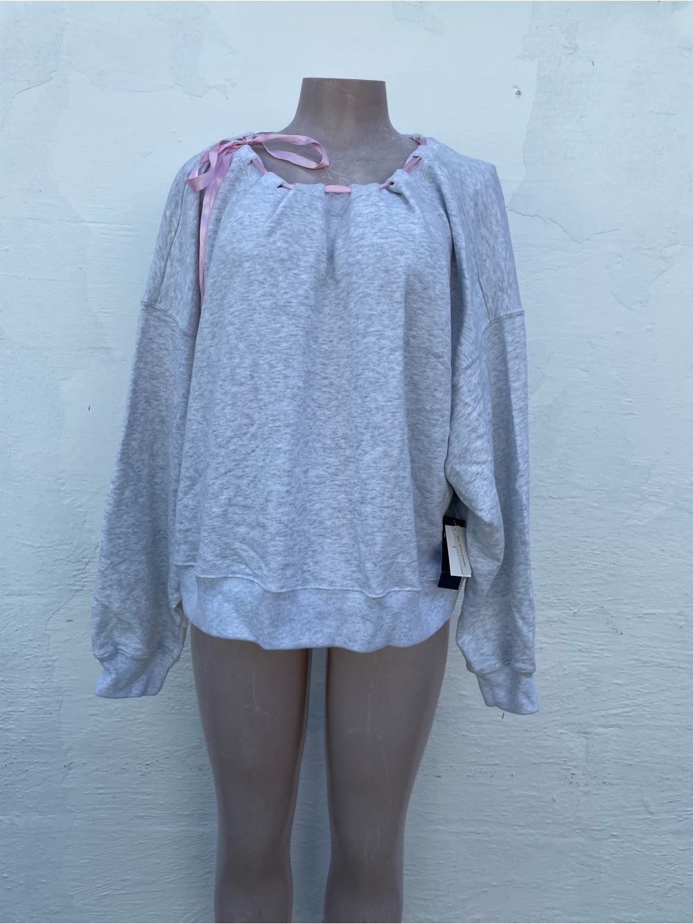 Hollister Light Heather Gray Crewneck Sweater with Pink Ribbon Tie